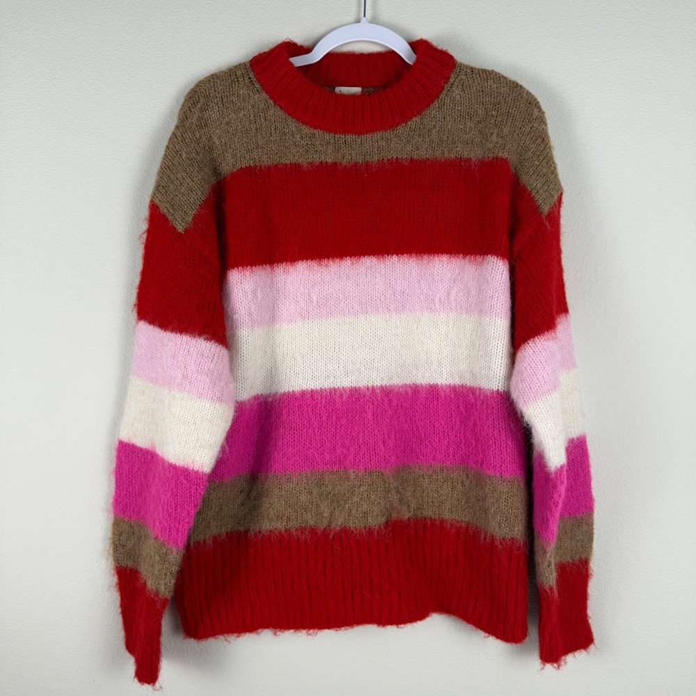 A New Day Women L Sweater Red Pink Striped Fuzzy Knit Crewneck Cozy Retro Preppy